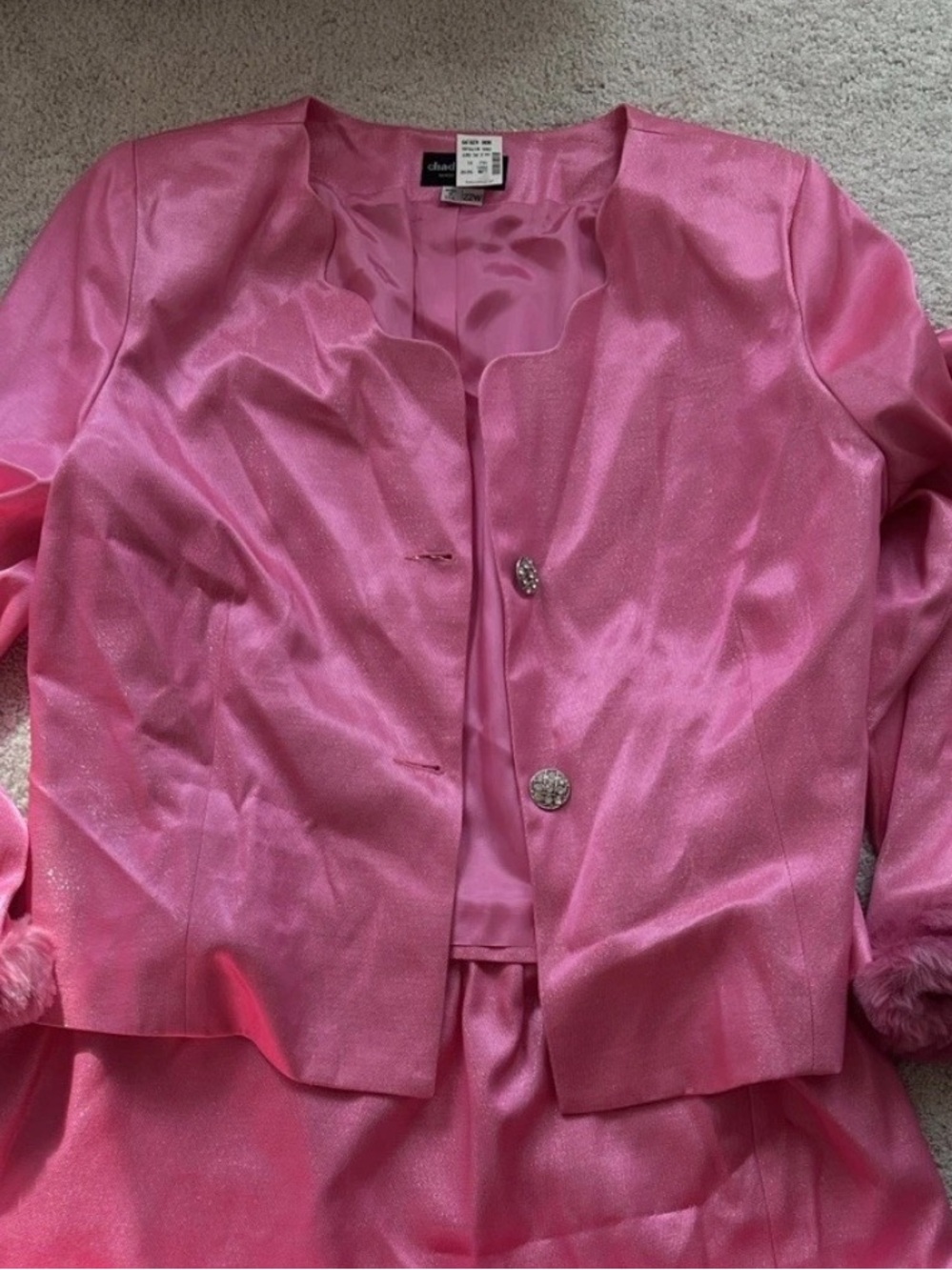 Chad Stevens Pink Two-Piece Satin Jacket Set with Faux Fur Cuffs